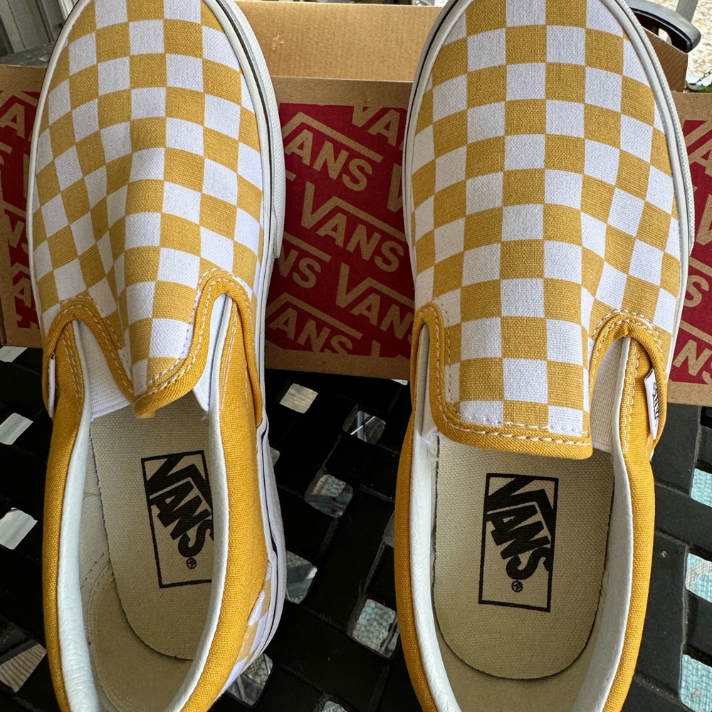 Vans Mustard and White Checkered Slip-Ons
